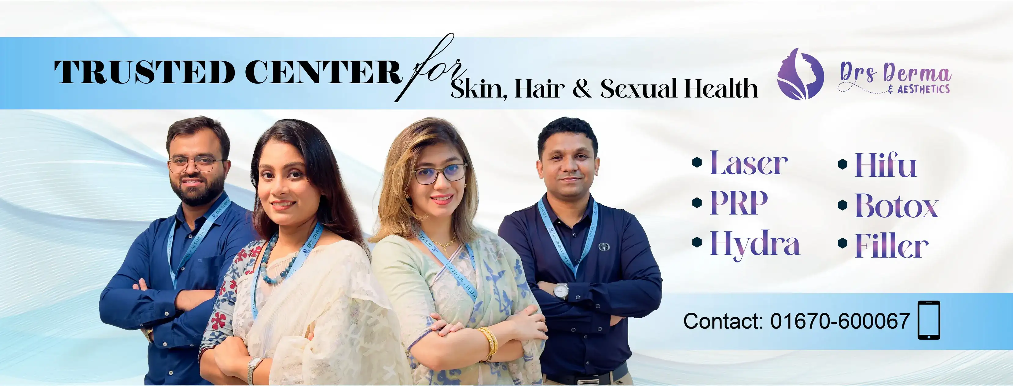 Drs Derma & Aesthetics — Bangladeshi skin care and aesthetics clinic, four doctors with brand mark and service list
