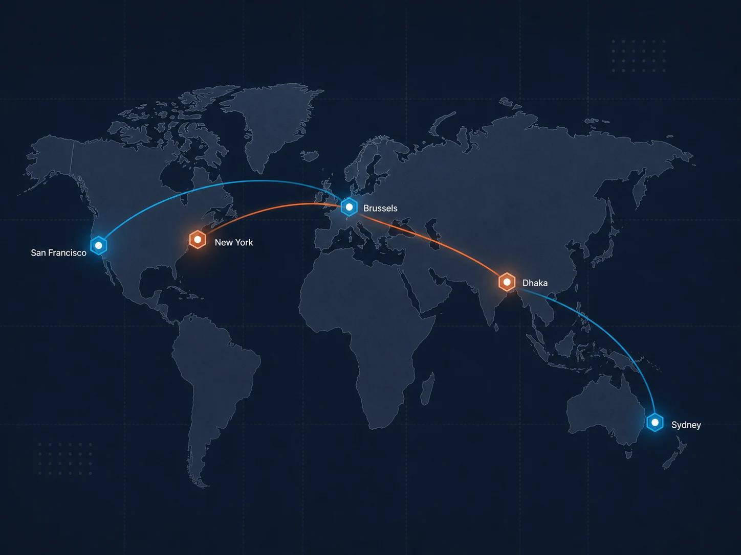 Minimal world map showing ReformedTech global delivery routes across time zones