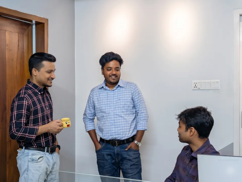 ReformedTech engineers chatting between work in the Dhaka office